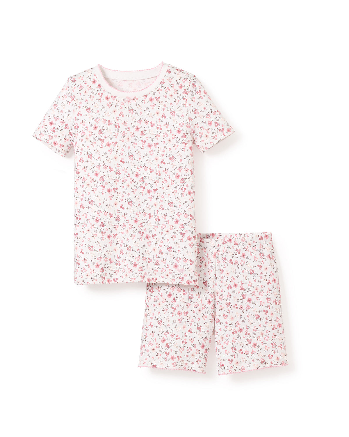 Front view of Children’s 100% Pima Cotton Dorset Floral Short Set showcasing pink floral print on a white background