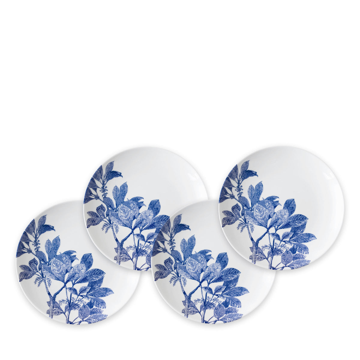 Front view of four Blue Arbor canapé plates showcasing blue leafy branches on creamy white porcelain against white background