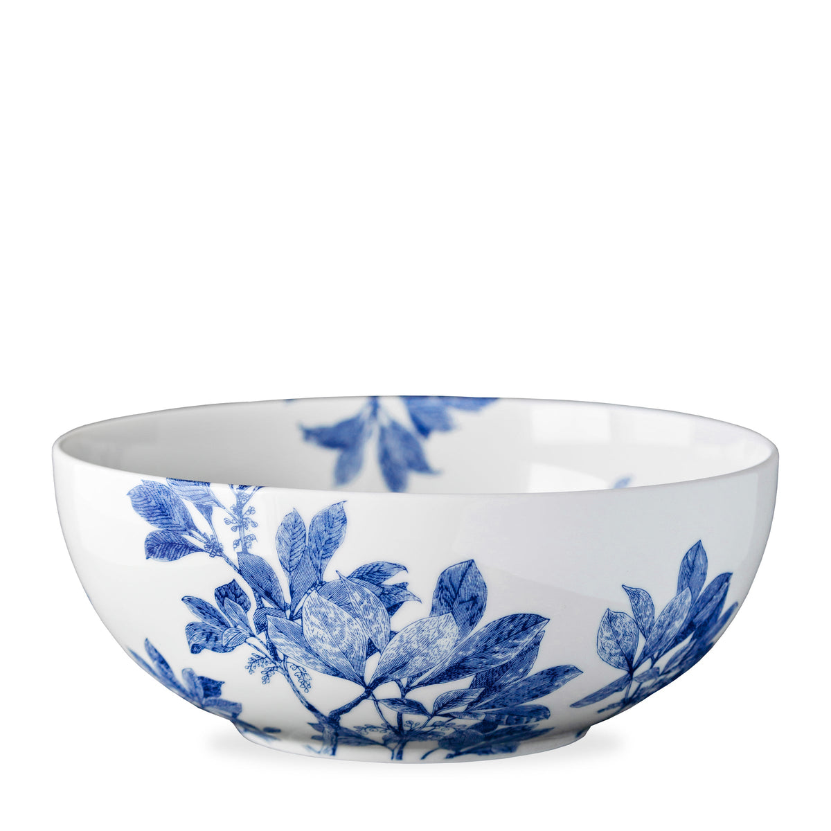 Front view of Blue Arbor Vegetable Serving Bowl showcasing blue leafy branch pattern with a white background