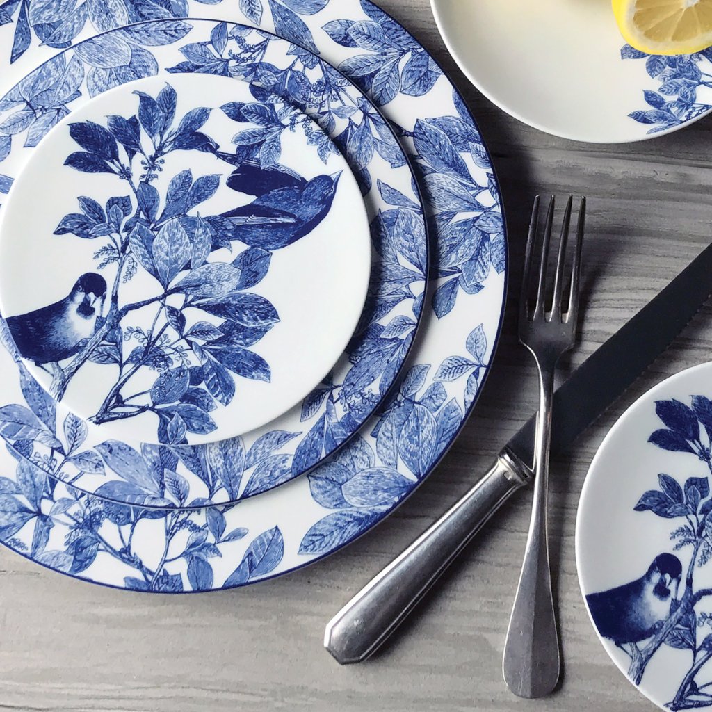 Blue Arbor Birds Canapé Plates Boxed Set/4 - Caskata