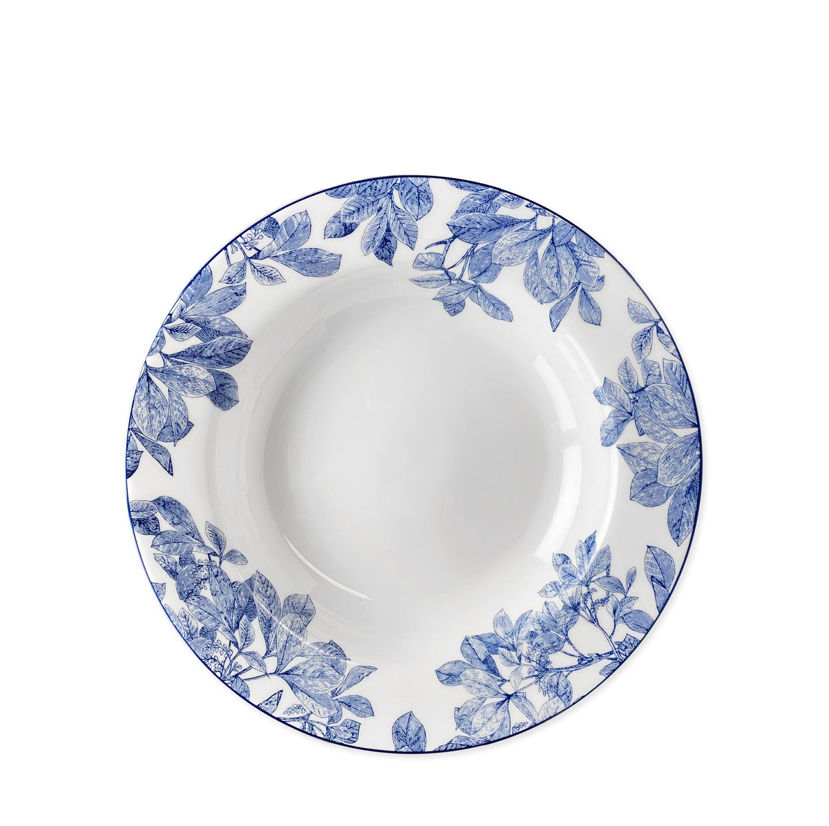 Top view of Blue Arbor Soup Bowl showcasing blue leafy branches on creamy white porcelain with white background