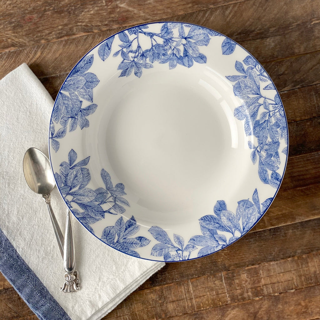 Arbor Blue RImmed Soup Bowl on Wood from Caskata