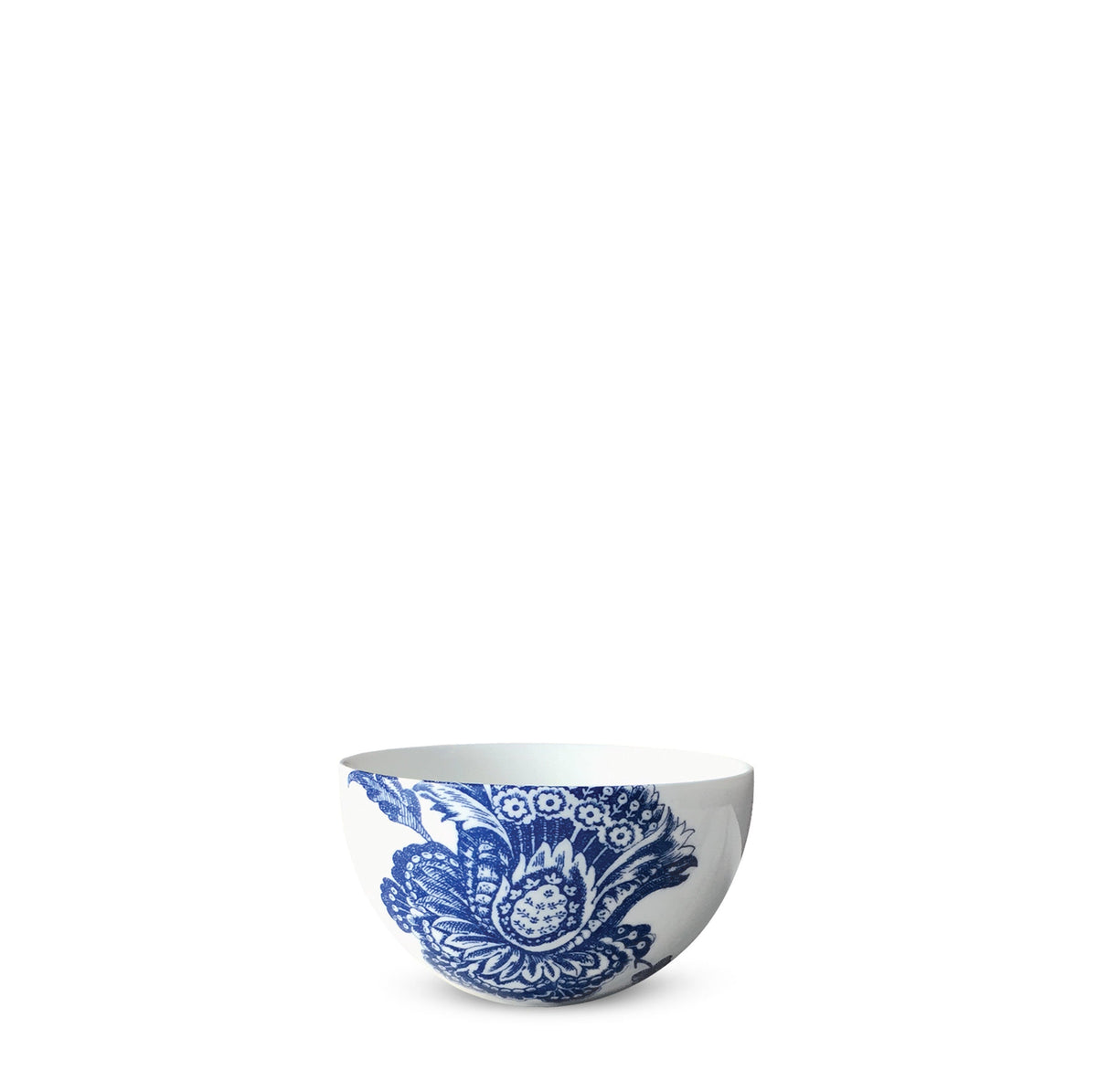 Front view of Arcadia Snack Bowl showcasing blue colonial floral pattern on white porcelain with white background
