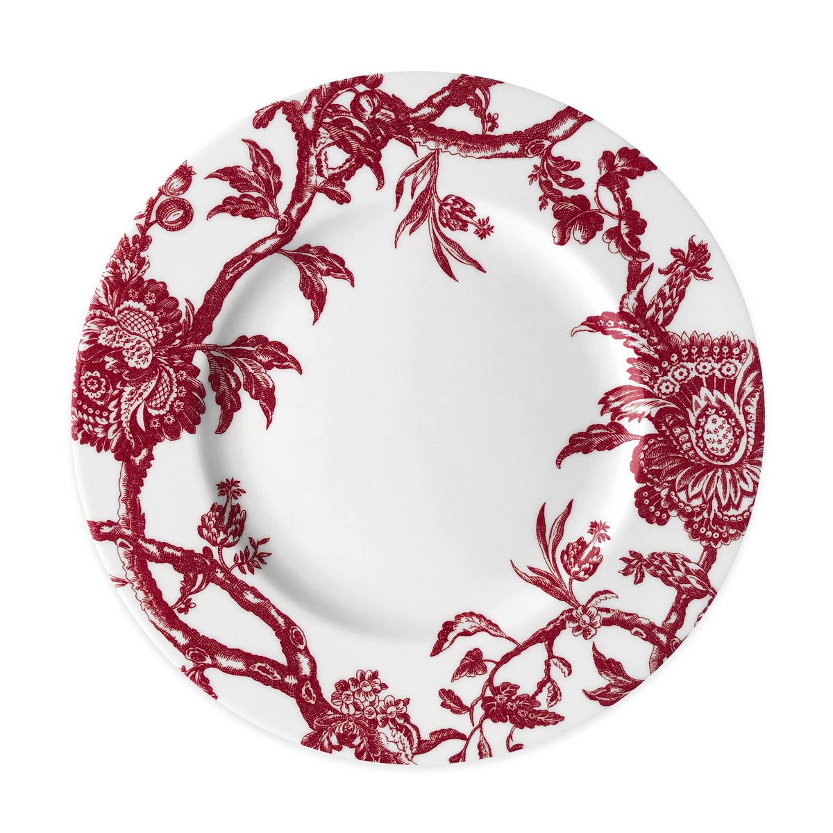 Top view of Arcadia Rimmed Dinner Plate Crimson showcasing a crimson floral rim pattern with a white background