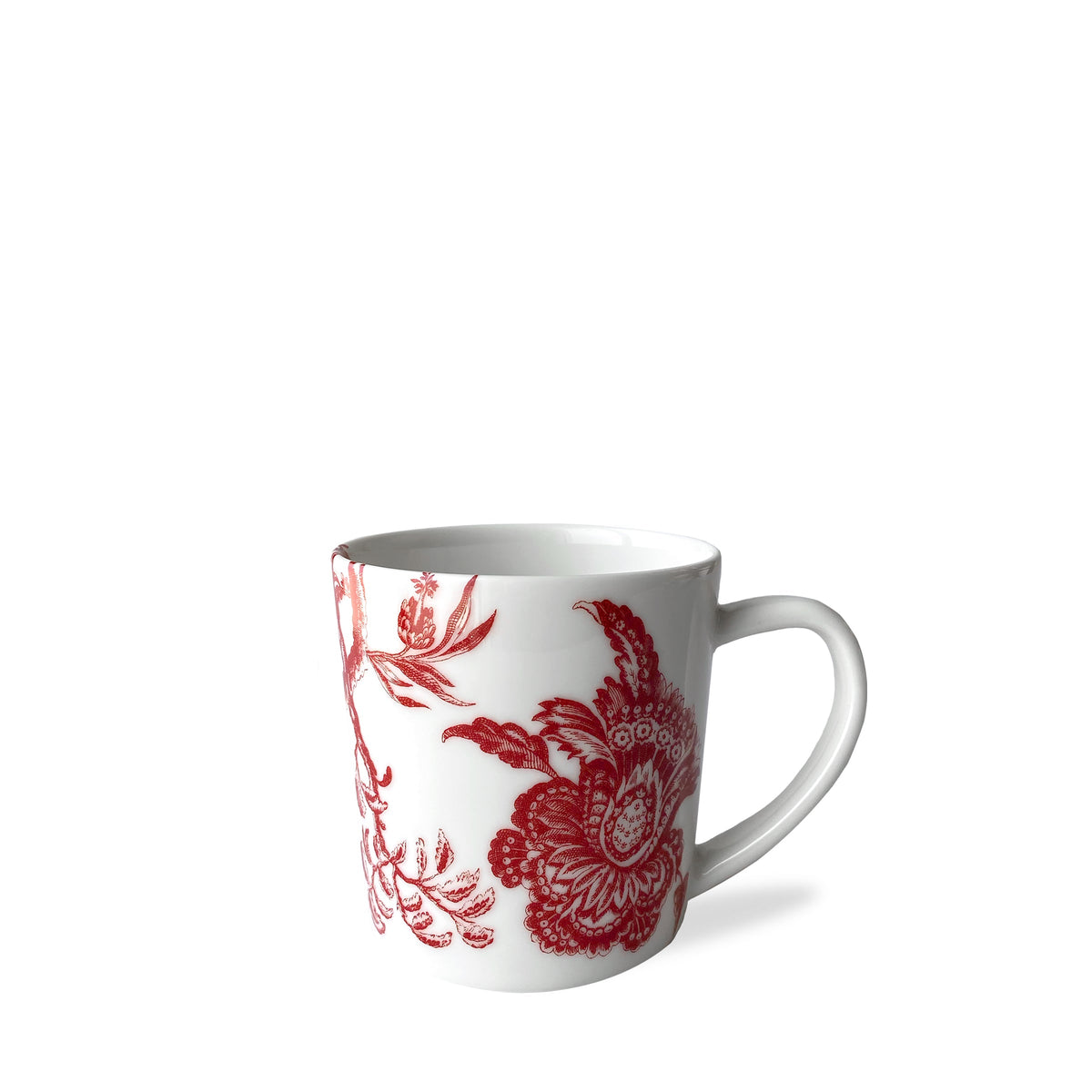 Front view of Arcadia Mug Crimson showcasing crimson colonial floral pattern and right-side handle with a white background
