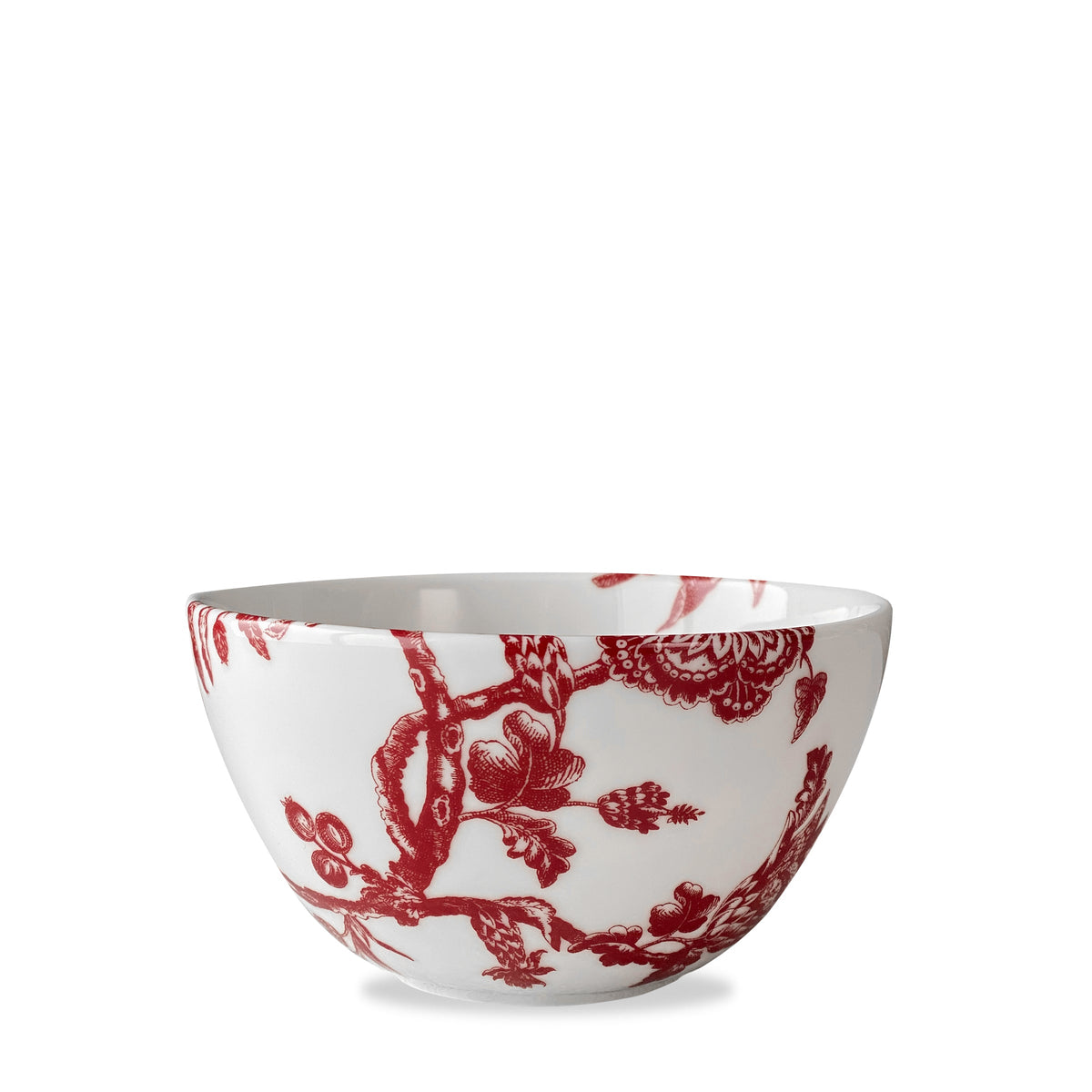 Front view of Arcadia Crimson Tall Cereal Bowl showcasing red floral pattern with white background