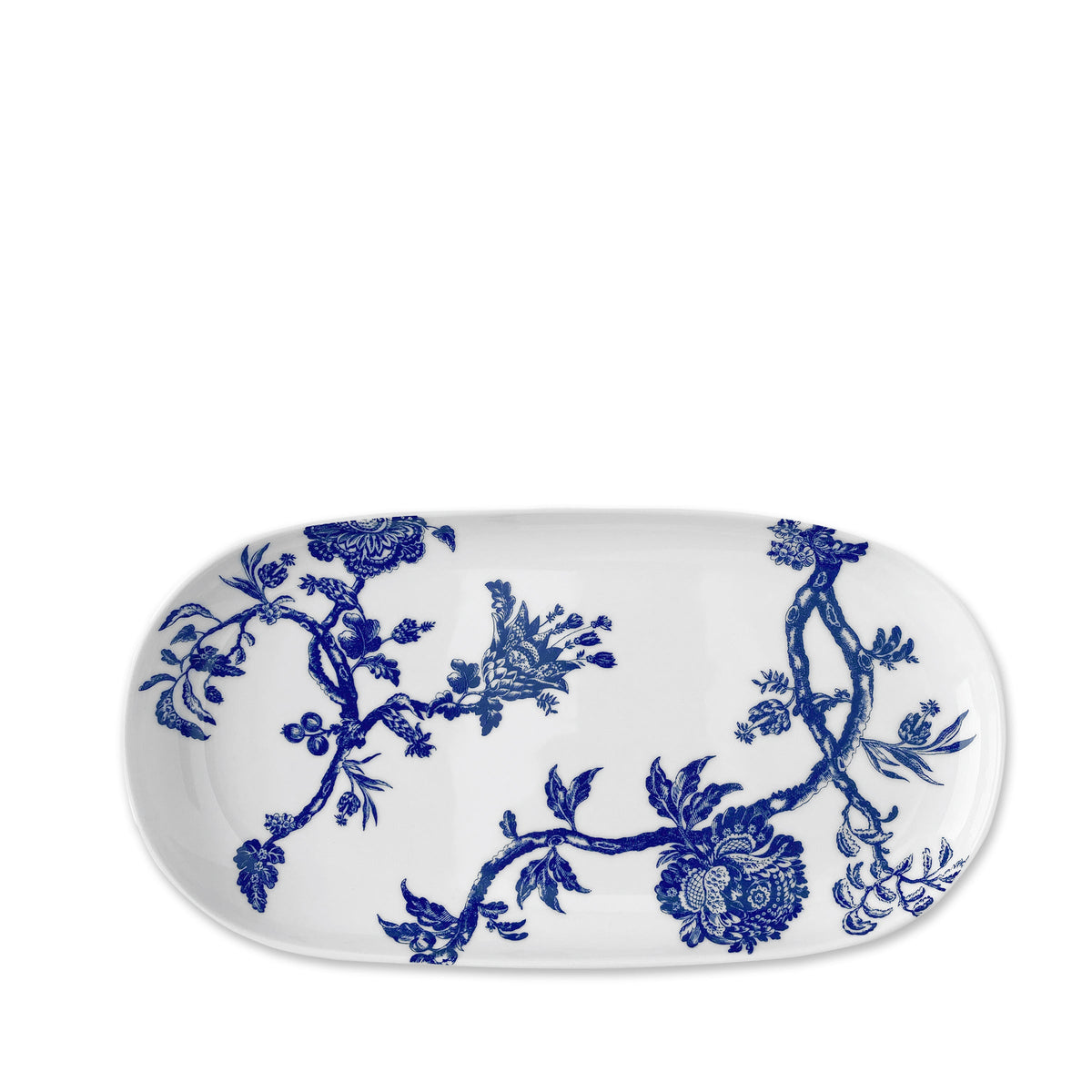 Front view of Arcadia Small Oval Tray showcasing blue colonial floral pattern on white porcelain with white background