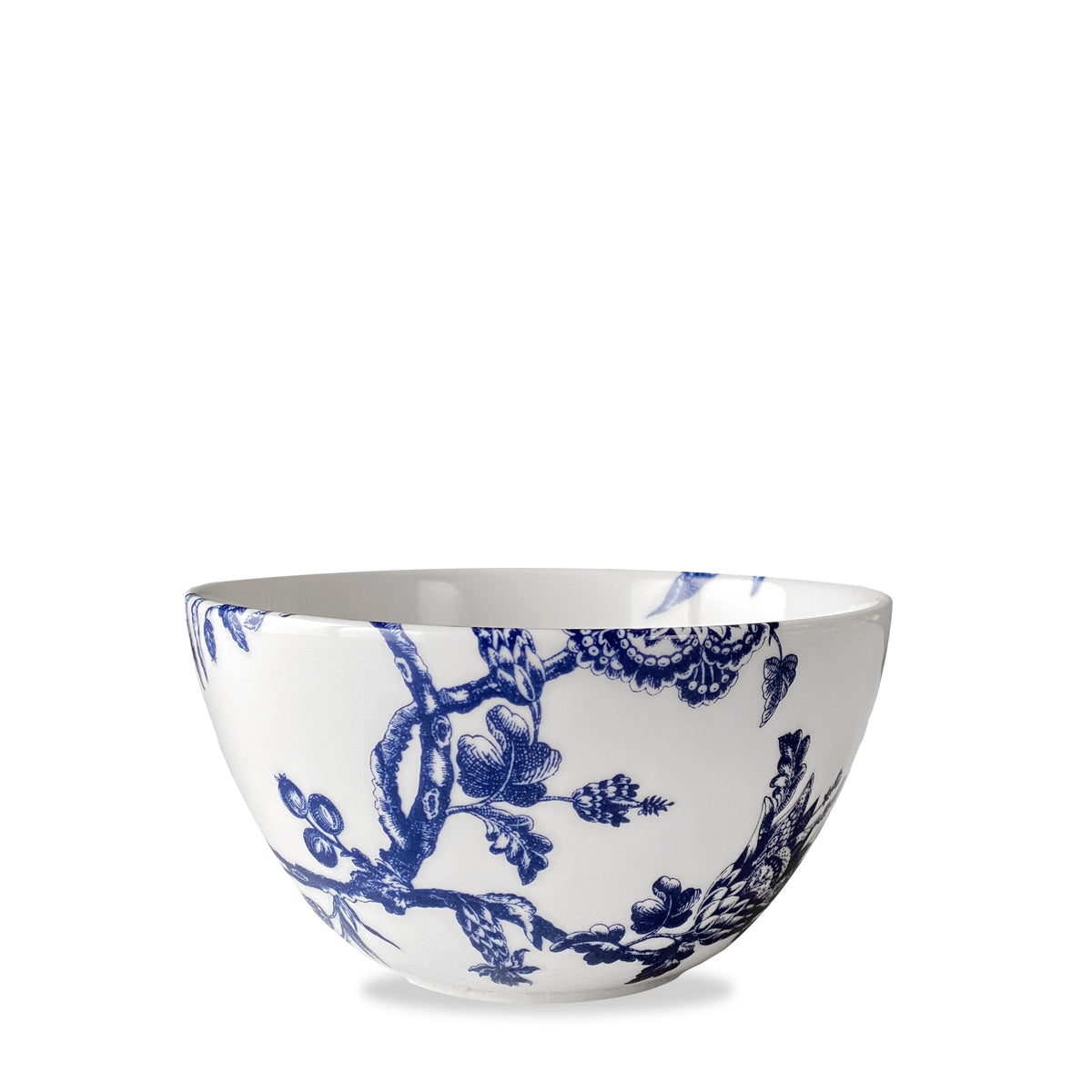 Front view of Arcadia Tall Cereal Bowl showcasing blue colonial floral pattern with white background