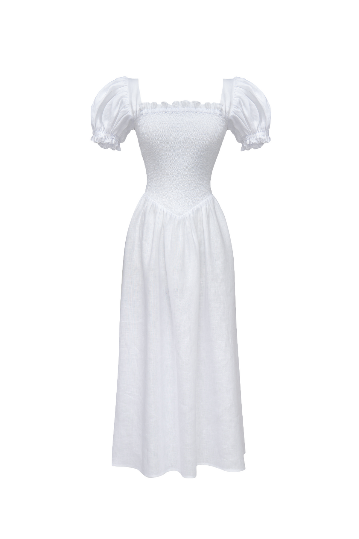 Front view of Belle Linen Dress in White showcasing stretch bodice, lantern sleeves, and structured neckline with white background