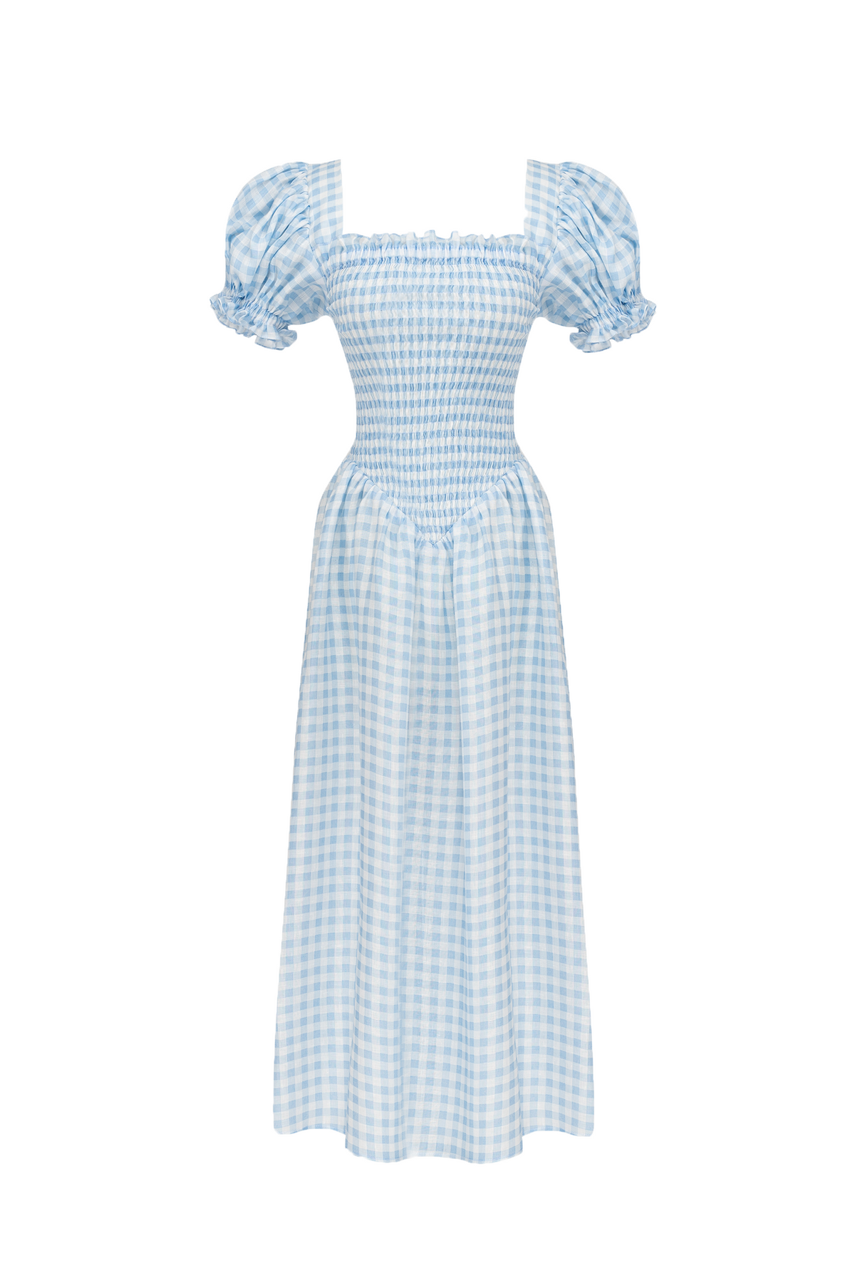 Front view of Belle Linen Dress in Blue Vichy showcasing lantern sleeves and structured neckline on white background