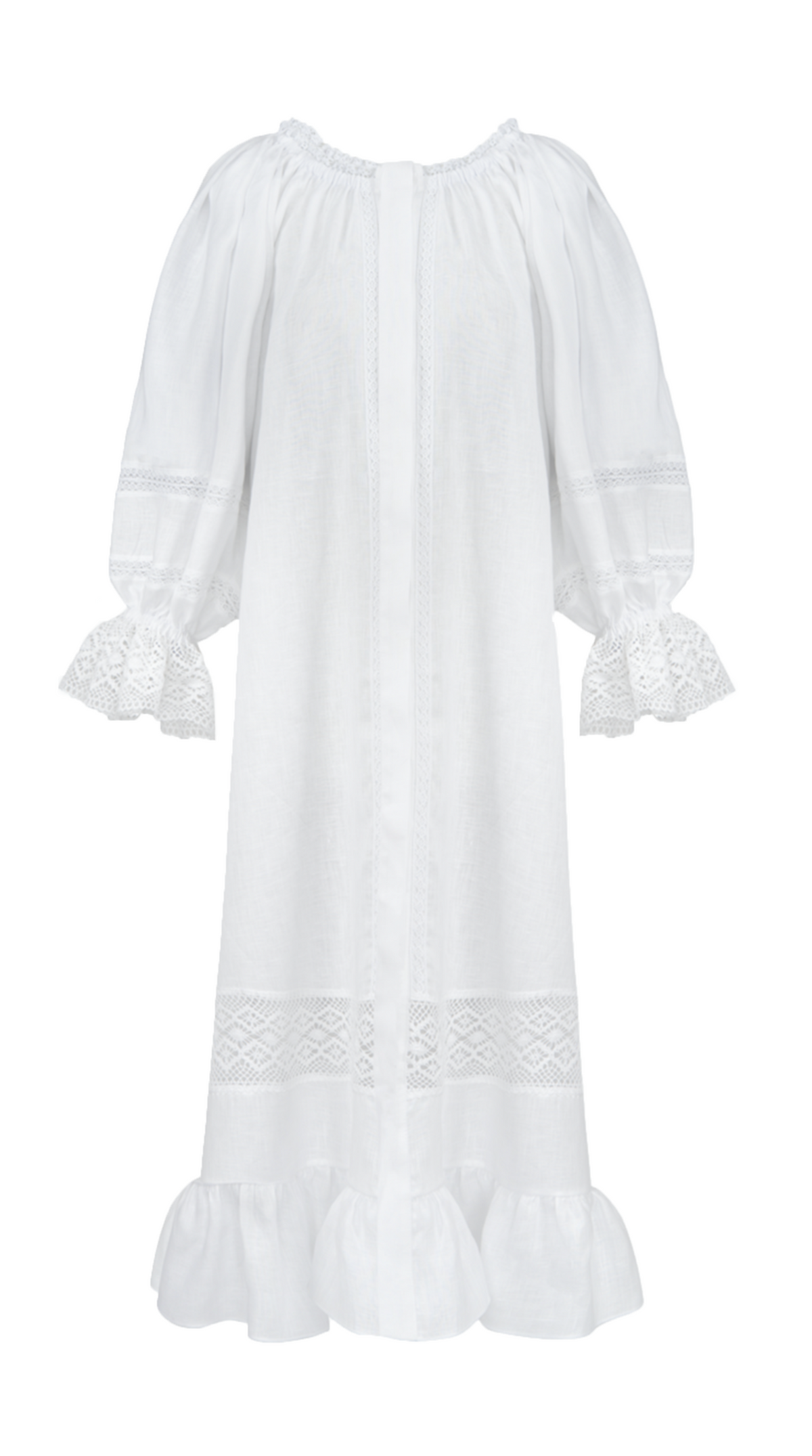 Front view of Paloma Linen Dress in White showcasing lace trim, puff sleeves, and ruffled hem on white background