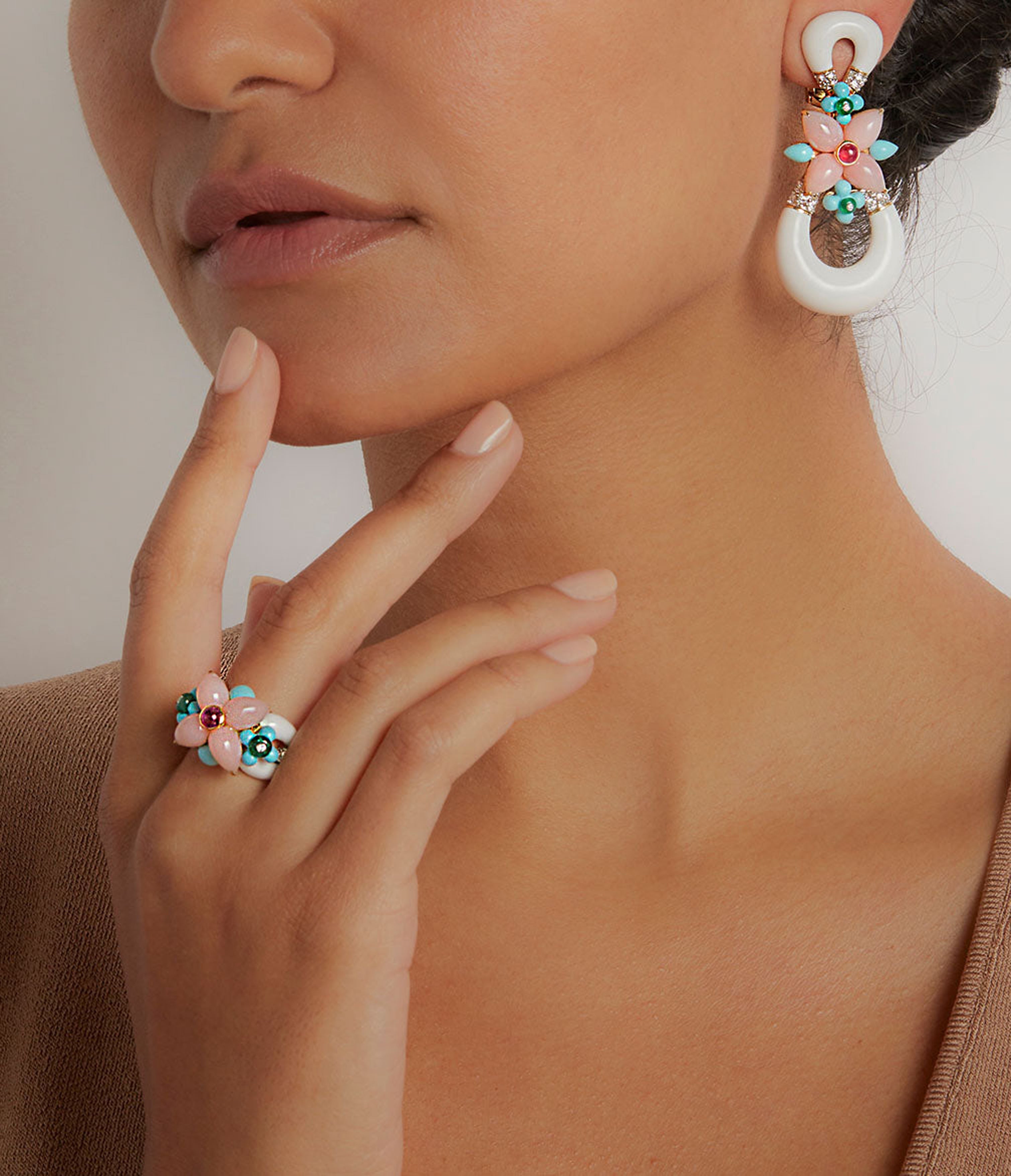 Asheville Ring in White Enamel, Pink Opal, and Diamonds