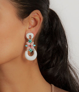 Asheville Earrings in White Enamel, Pink Opal, and Diamonds