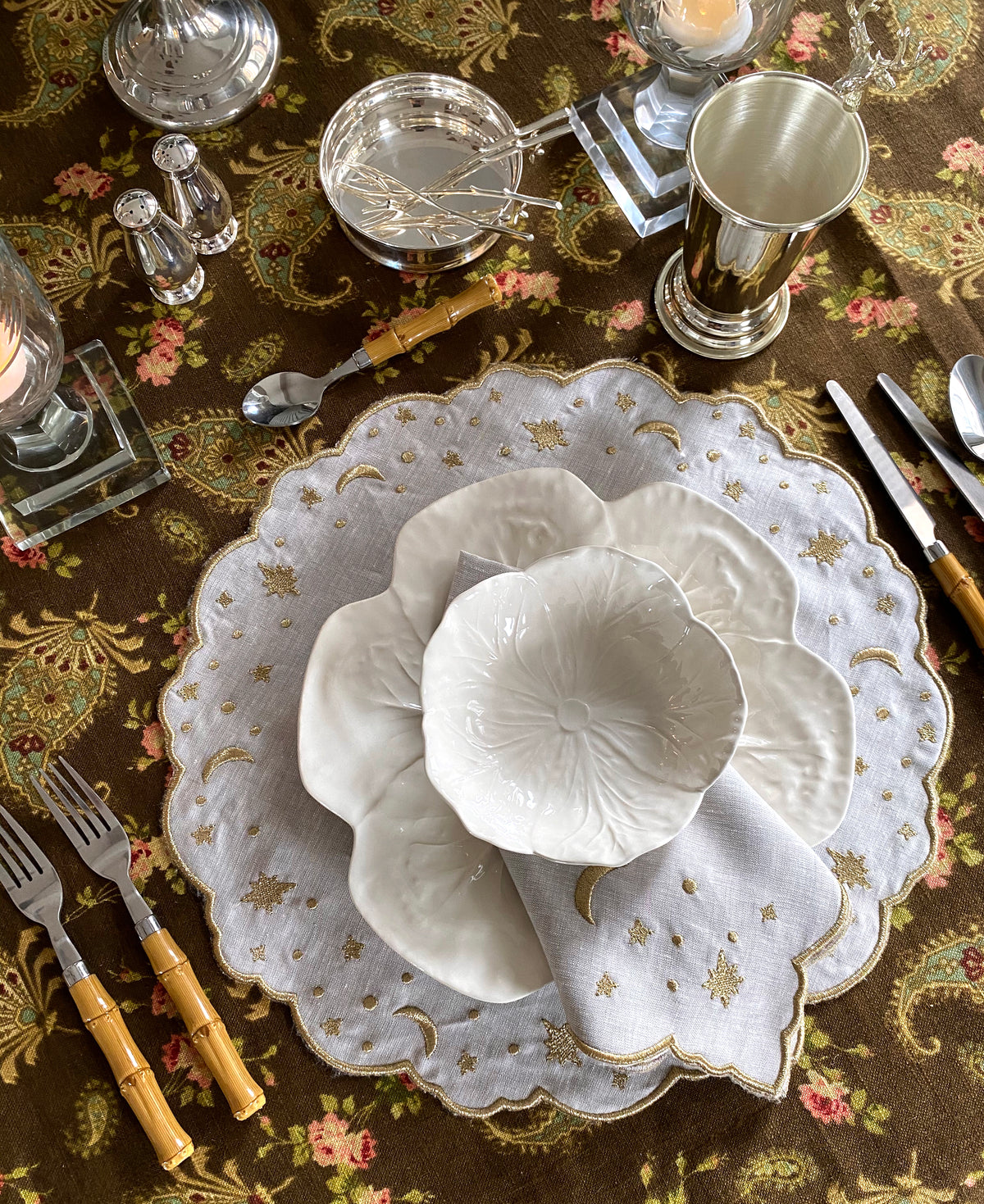 The Astral Linen Placemat in White Linen and Gold Embroidery