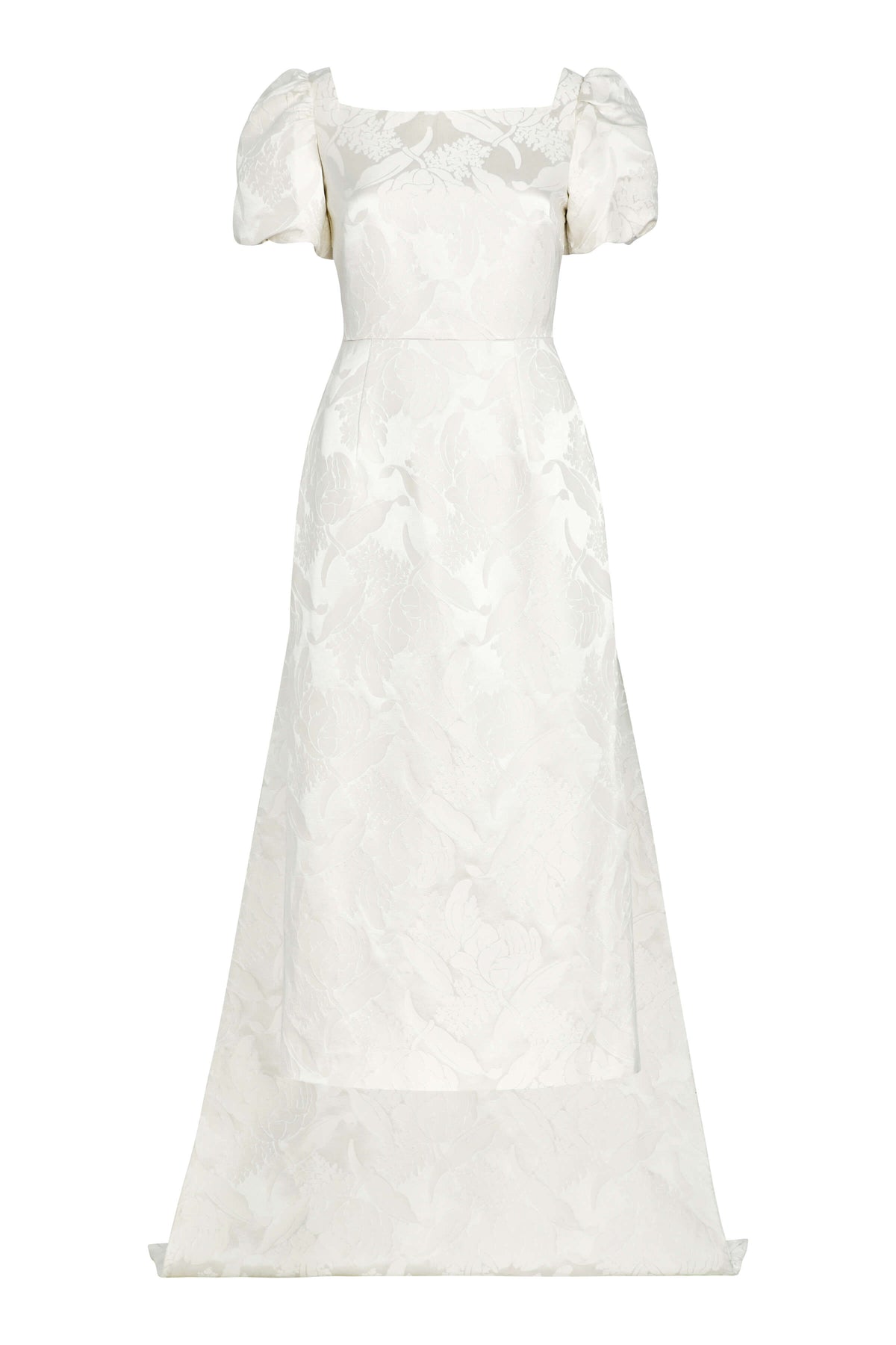 Front view of Audrey Puff Sleeve Fitted Midi Dress showcasing white floral jacquard and puff sleeves against a white background