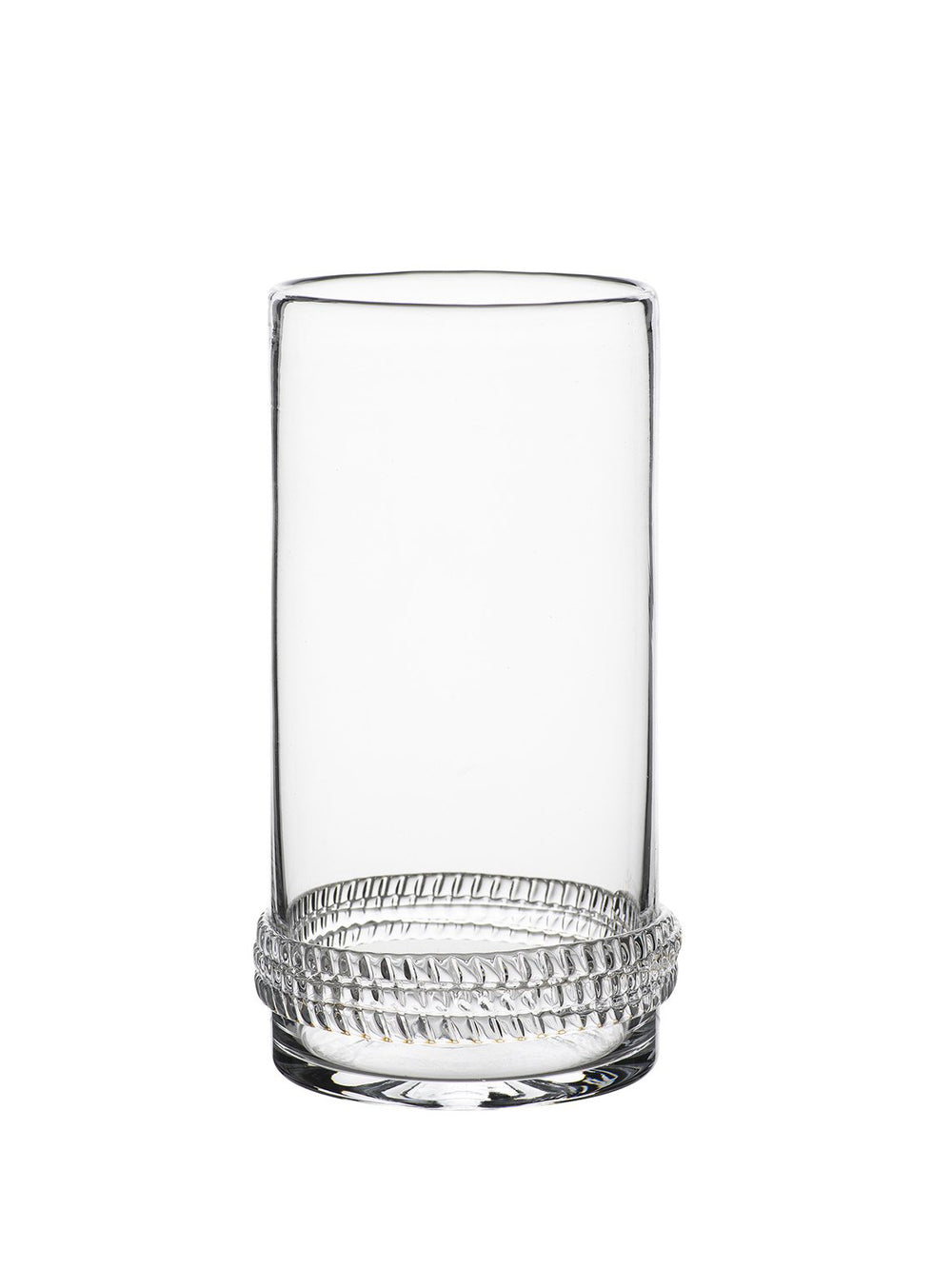 Front view of Dean highball glass showcasing rope-textured glass base on white background