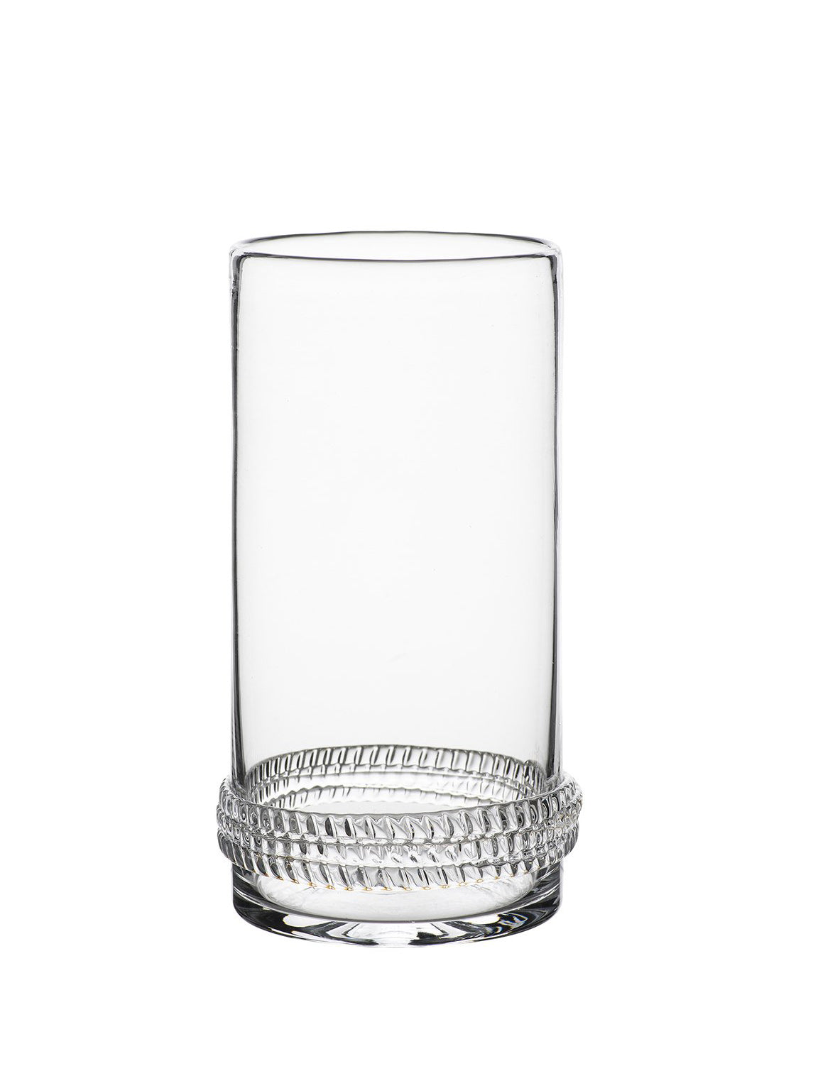 Front view of Dean highball glass showcasing rope-textured glass base on white background