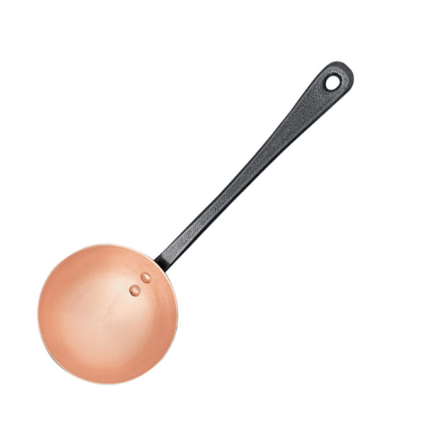 Top view of Baumalu copper ladle showcasing its cast iron handle on a white background