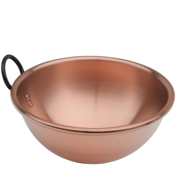 Three-quarter view of Baumalu Pastry Bowl showcasing glossy pure copper and riveted cast-iron ring on white background