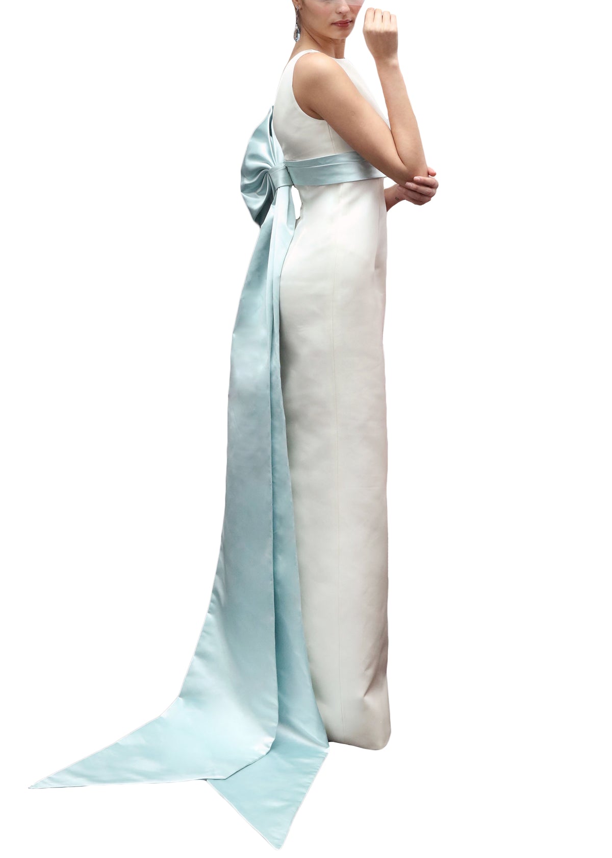 Bateau Neckline Double-Faced Italian Satin Gown with Something Blue Half Bow