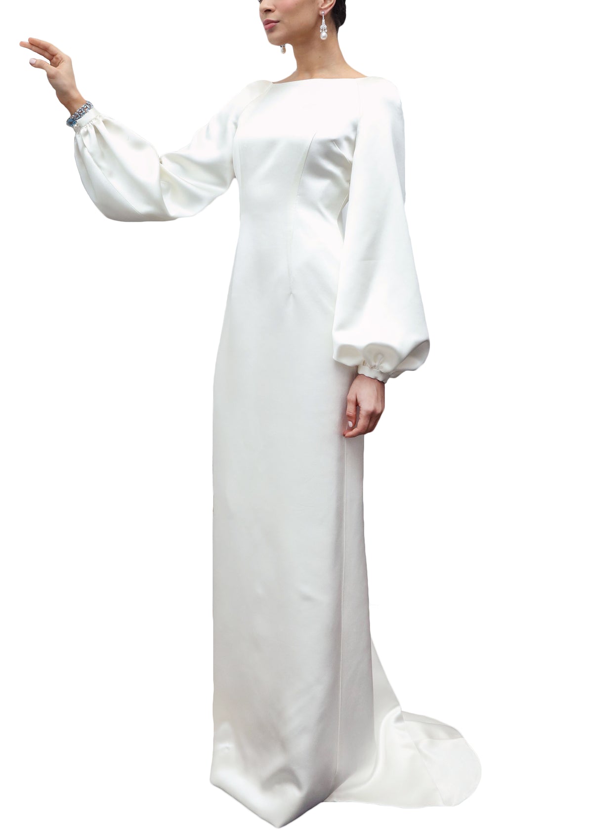 Bateau Neck Italian Silk Satin Full-Sleeve Draped Column Gown