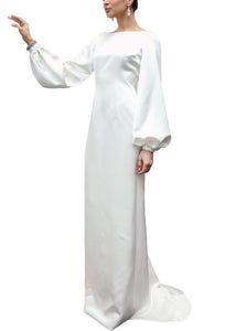 Bateau Neck Italian Silk Satin Full-Sleeve Draped Column Gown