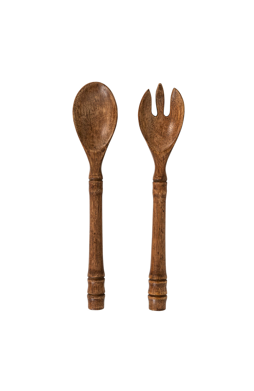 Front view of Bilbao wood salad servers showing spoon and fork pair in hand-tuned mango wood on white background