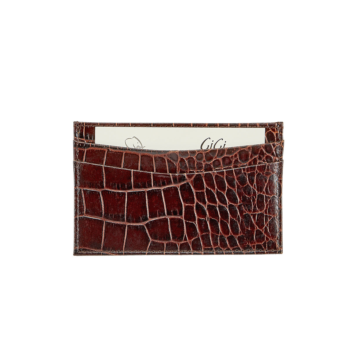 Front view of Slim Design Card Case in Crocodile Embossed Leather showcasing crocodile embossing and front card pocket with white background