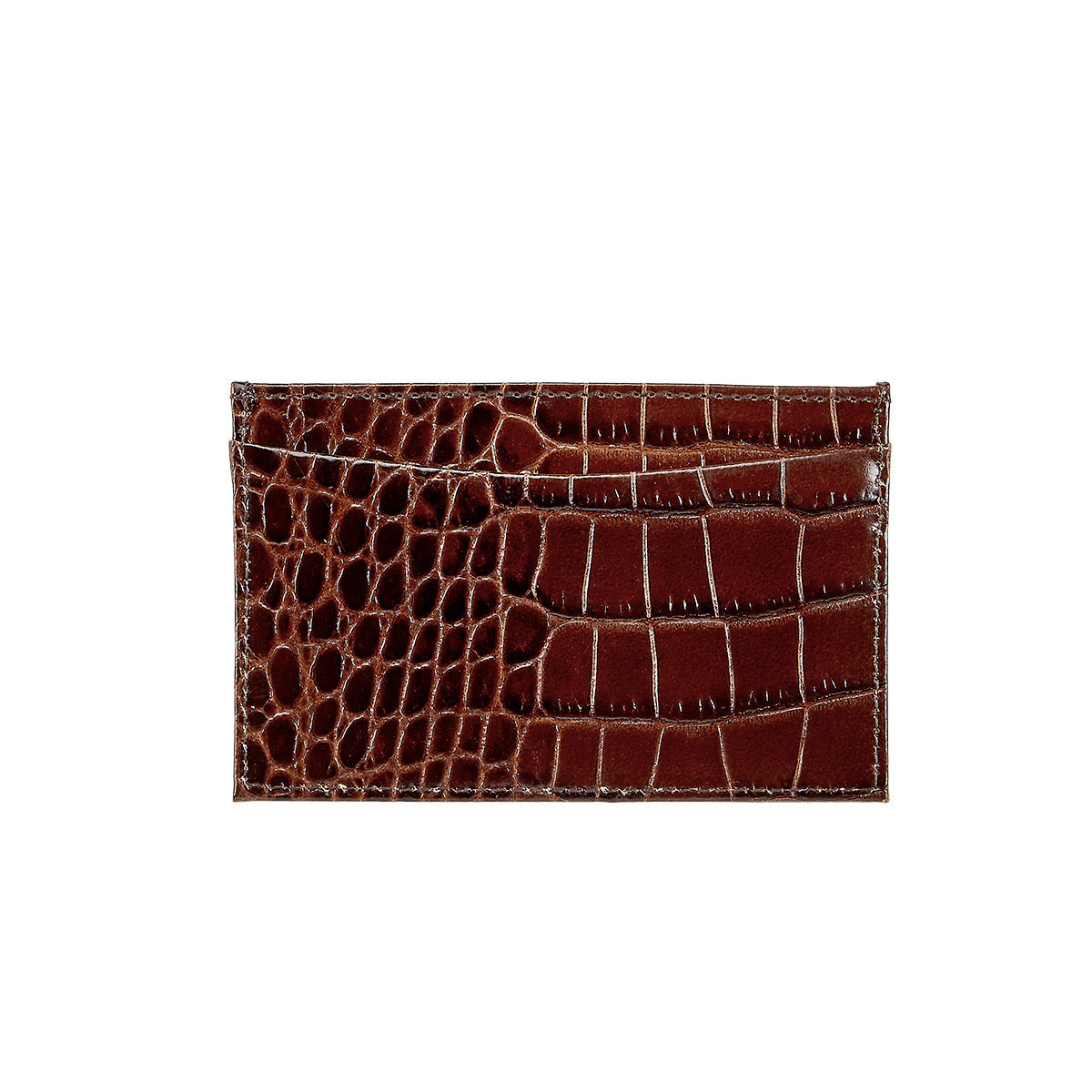 Front view of Slim Design Card Case in crocodile embossed leather with a brown finish on a white background