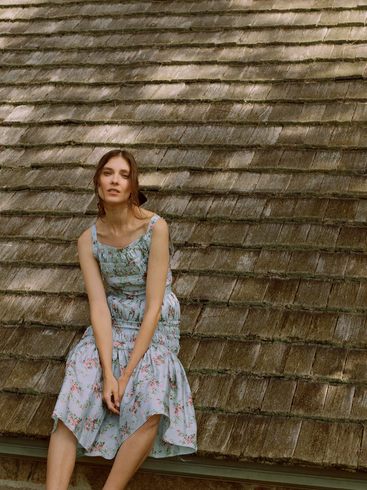 Devon Shirred Dress in Light Blue Taffeta