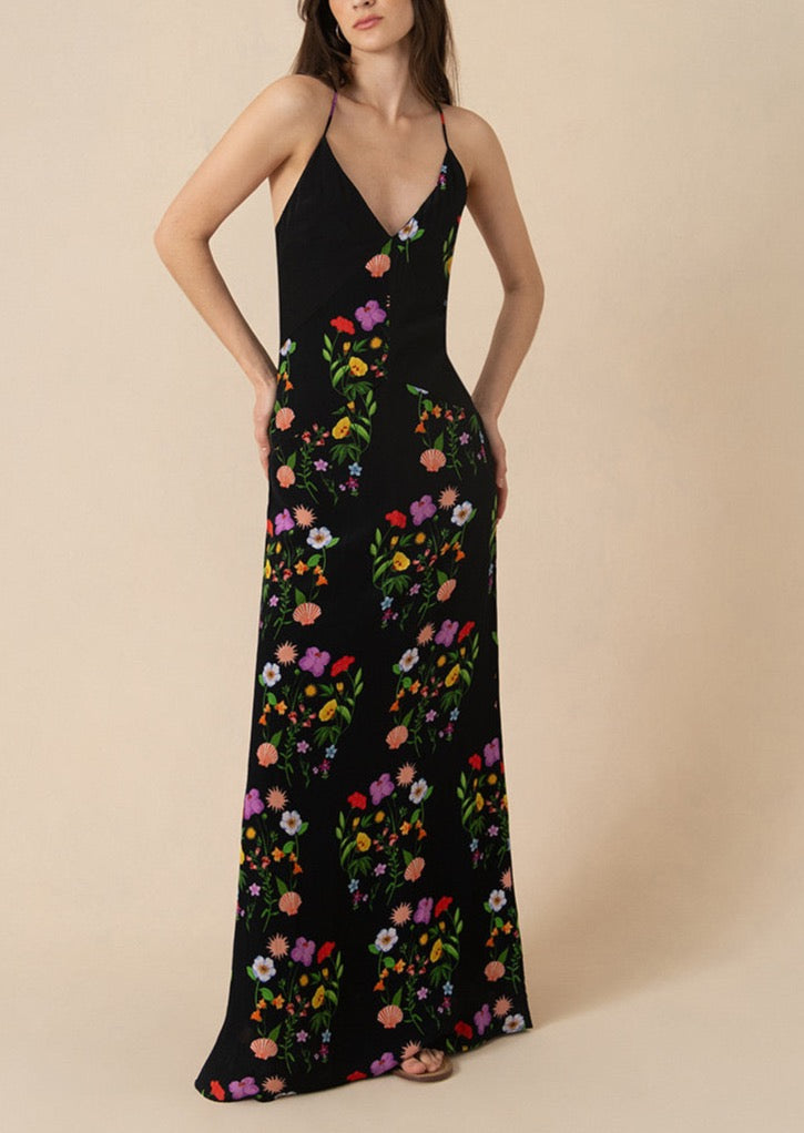 Olive Crepe Maxi Dress in Terrazo Flower Black