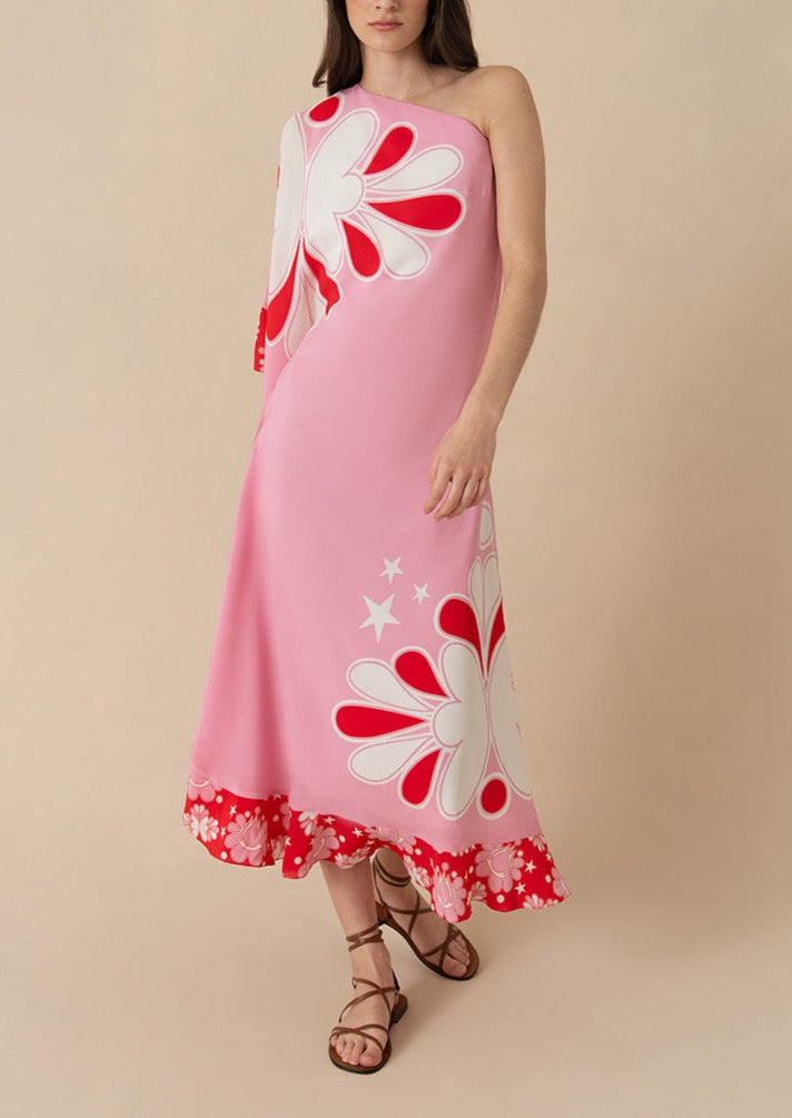 Ginger Crepe Midi Dress in 70s Flower Pink