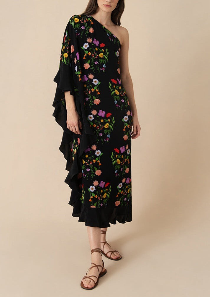 Ginger Crepe Midi Dress in Terrazo Flower Black