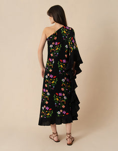 Ginger Crepe Midi Dress in Terrazo Flower Black
