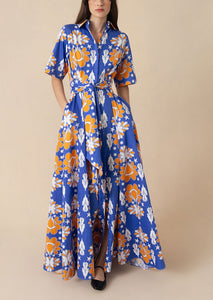 Posie Cotton Maxi Dress in Geo Flower Blue