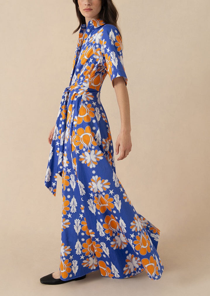 Posie Cotton Maxi Dress in Geo Flower Blue