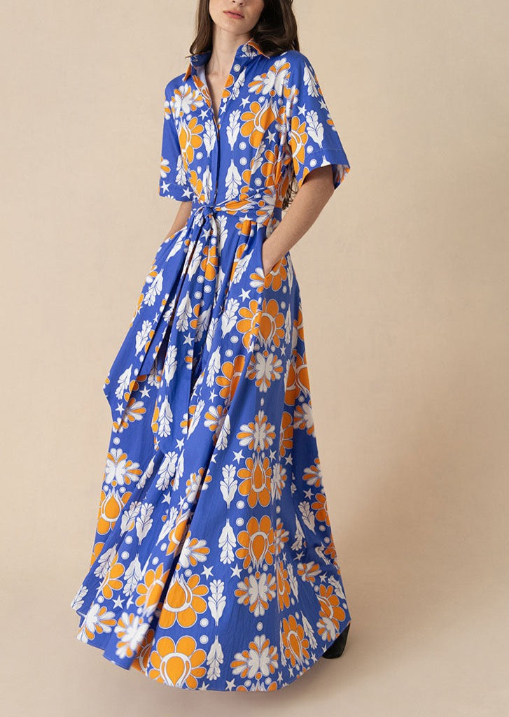 Posie Cotton Maxi Dress in Geo Flower Blue