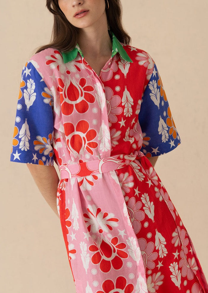 Penny Linen Midi Dress in Geo Flower Multi