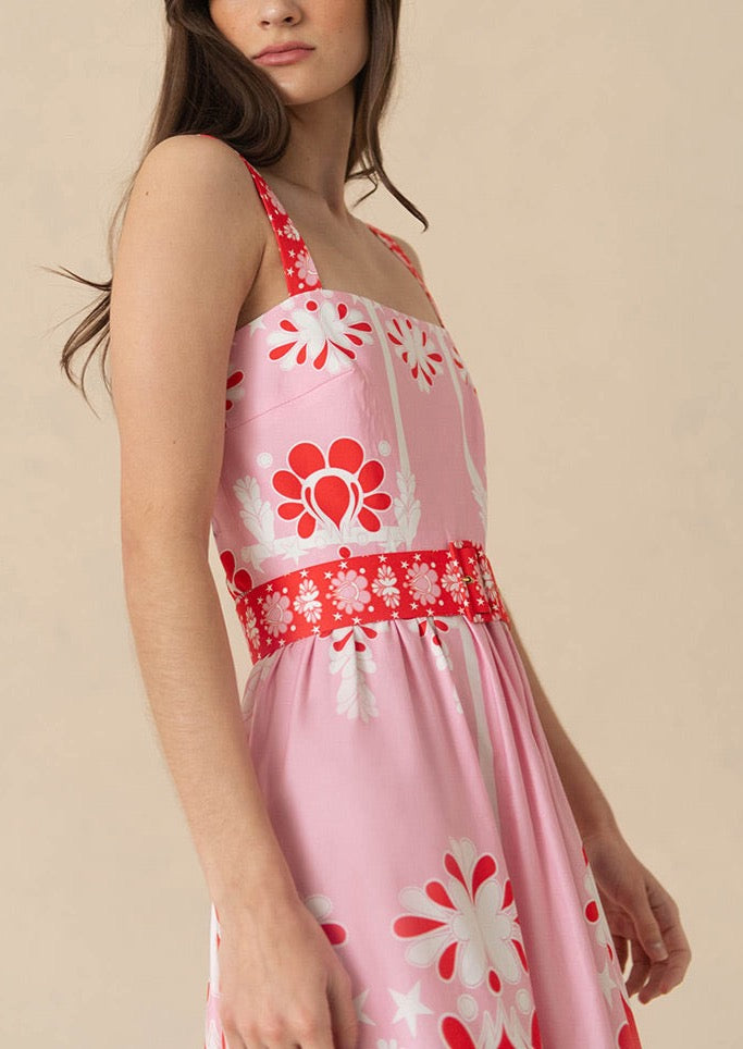 Ninet Cotton Midi Dress in Geo Flower Pink