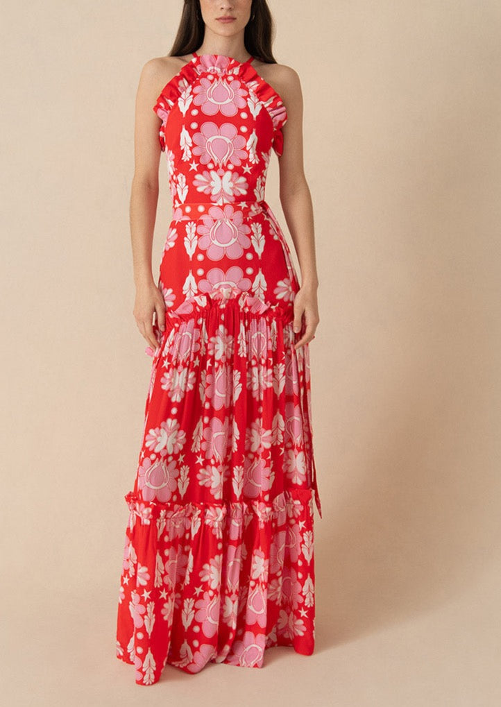 Tatiana Crepe Maxi Dress in Geo Flower Red