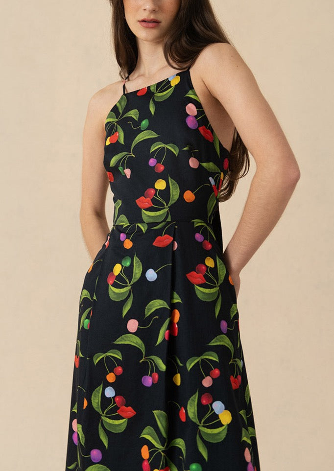Goreti Cotton Midi Dress in Cherry Black