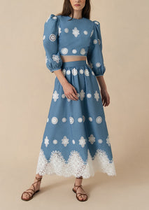 Rhea Denim Midi Skirt in Blue Lace