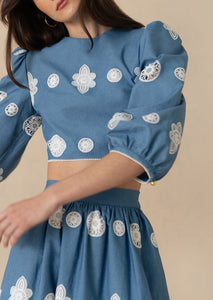 Rhea Denim Midi Skirt in Blue Lace