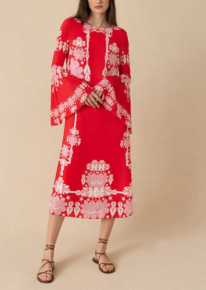 Astoria Crepe Midi Dress in Geo Flower Red