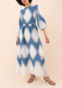 Constance Broderie Anglaise Midi Dress in Lace/Denim