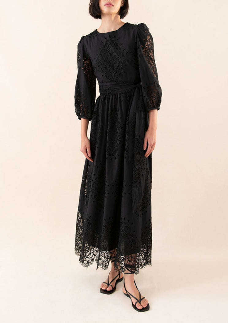 Constance Broderie Anglaise Midi Dress in Black