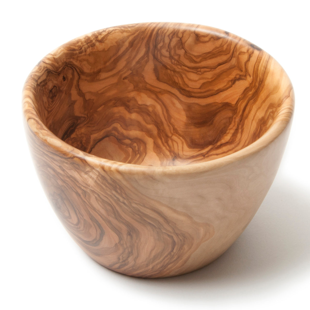 Front three-quarter view of Olive Wood Salad Bowl showcasing swirling natural grain with a white background