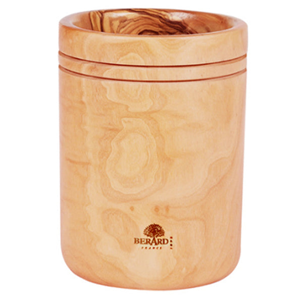 Front view of Olive Wood Utensil Holder showcasing natural olive wood grain and open top on a white background