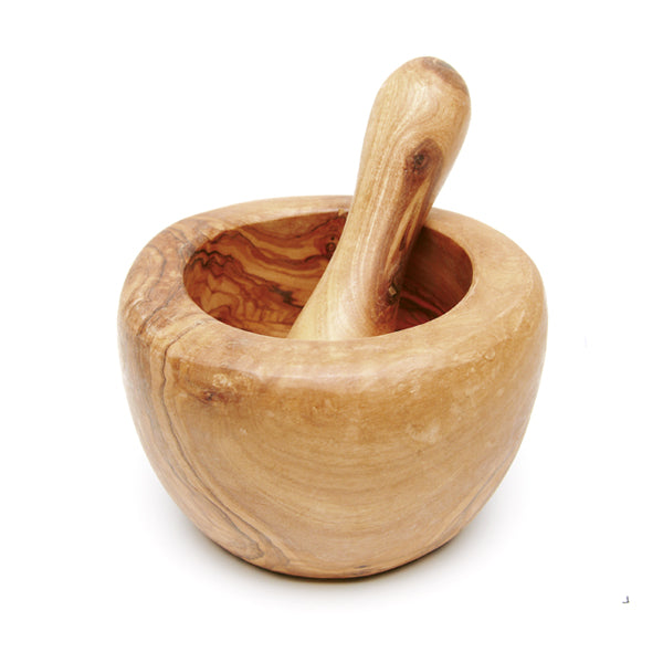 Front view of Olive Wood Mortar & Pestle Extra Small showcasing carved olive wood mortar and pestle on white background