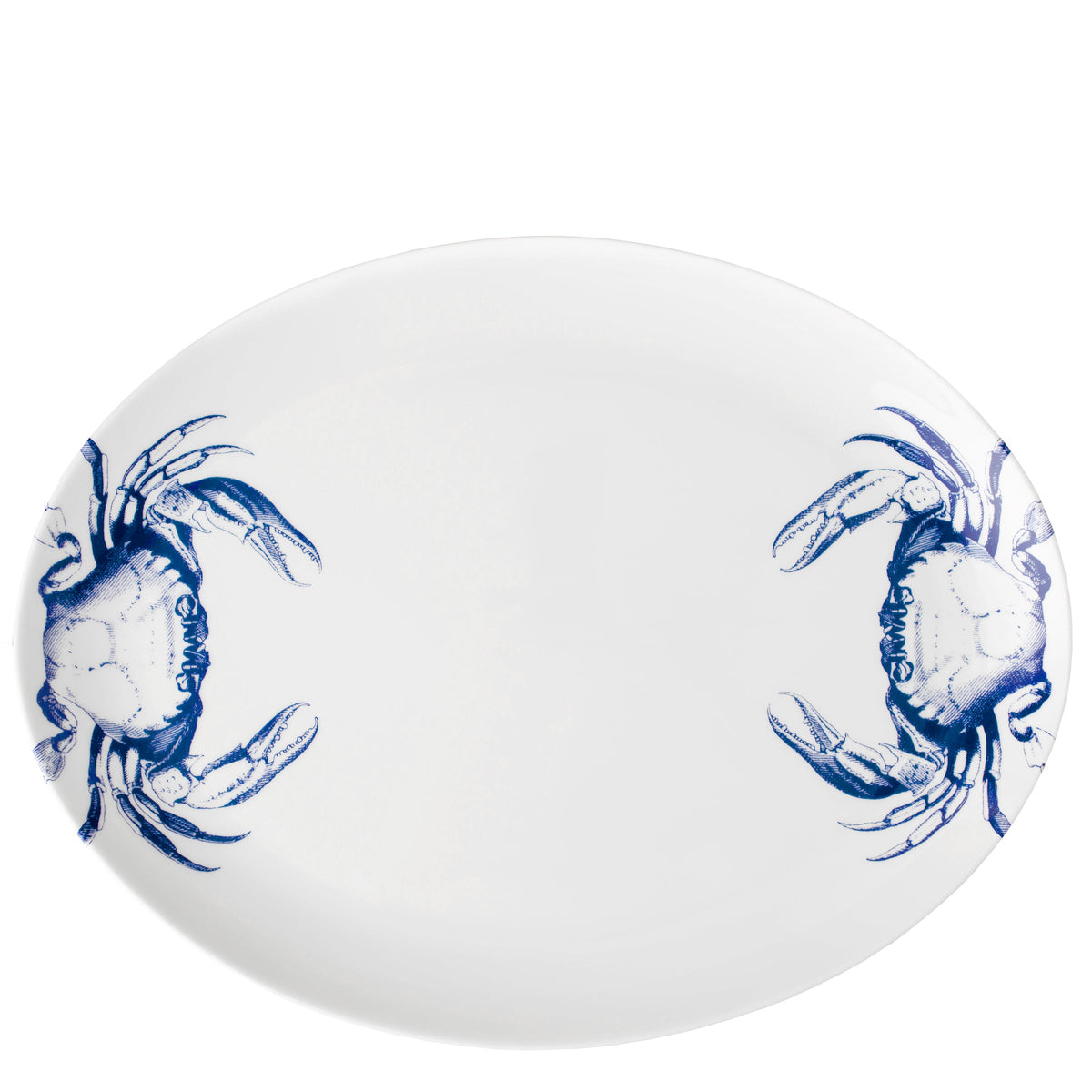 Top-down view of Crabs Blue Coupe Oval Platter showcasing blue crab illustrations around the rim on a white background